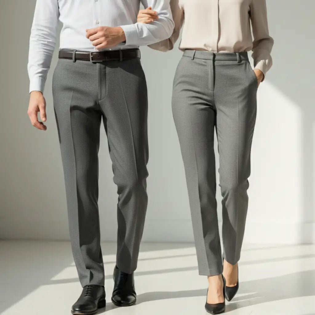 Casal usando calças sociais cinza com camisa e blusa de alfaiataria em ambiente iluminado