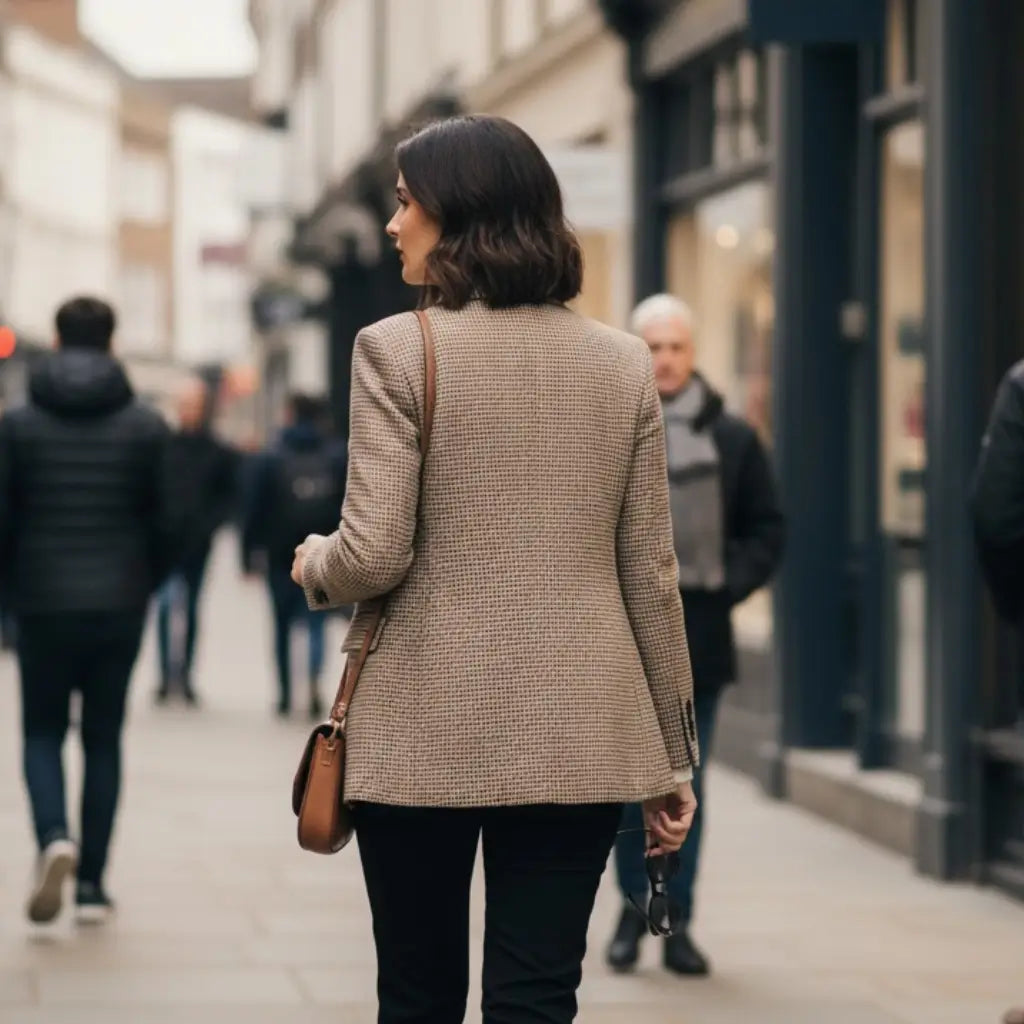 Modelo usando blazer xadrez, costas com acabamento premium