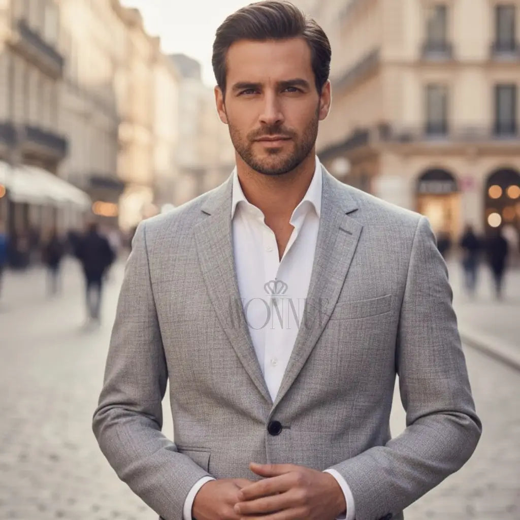 Homem usando blazer masculino cinza claro com camisa branca em ambiente urbano