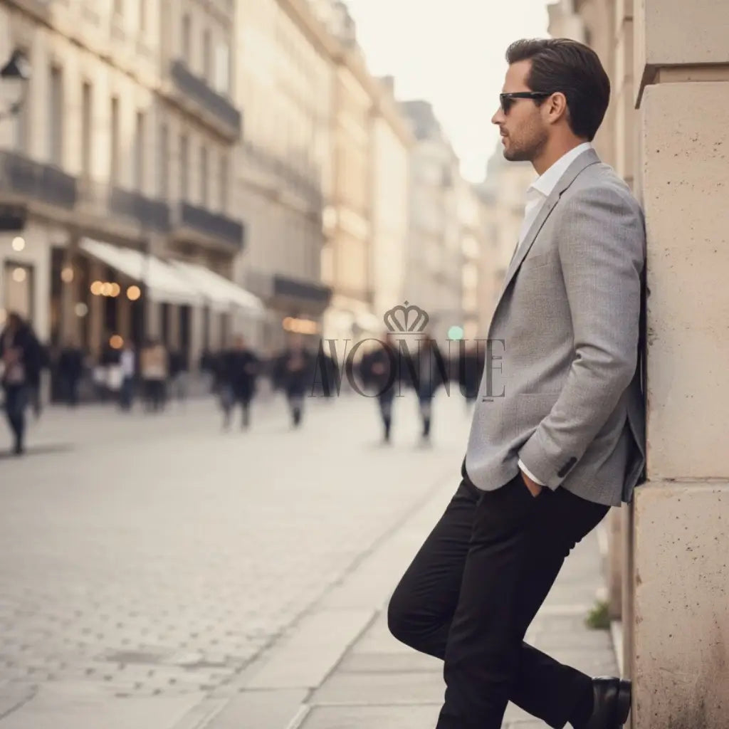 Homem vestindo blazer masculino cinza claro slim em pose descontraída na rua