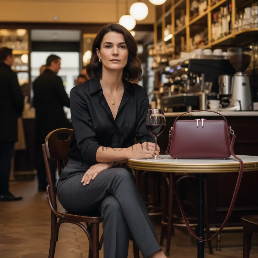 Modelo feminina AVONNUE em look preto elegante, bolsa estruturada vinho sobre mesa de café sofisticado