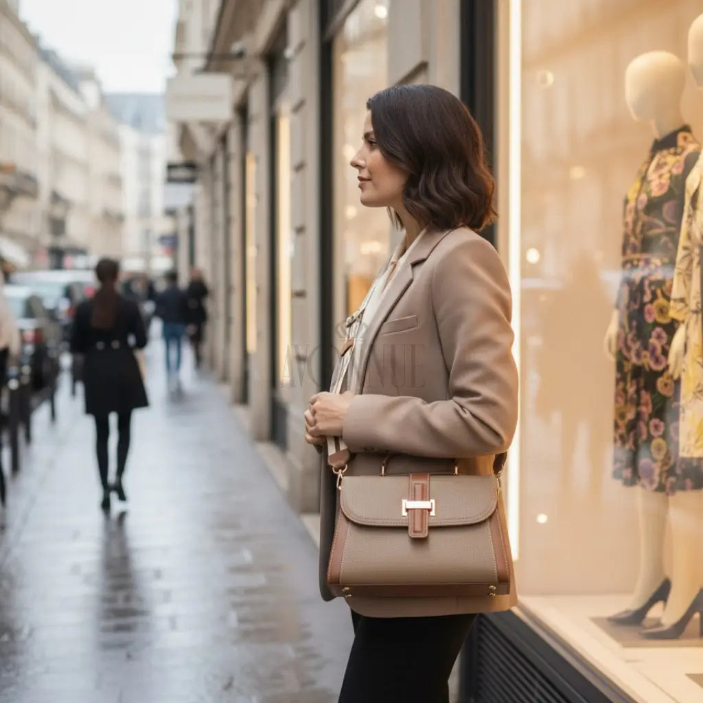 Modelo feminina AVONNUE em blazer neutro, bolsa estruturada marrom usada transversal em cenário urbano elegante.