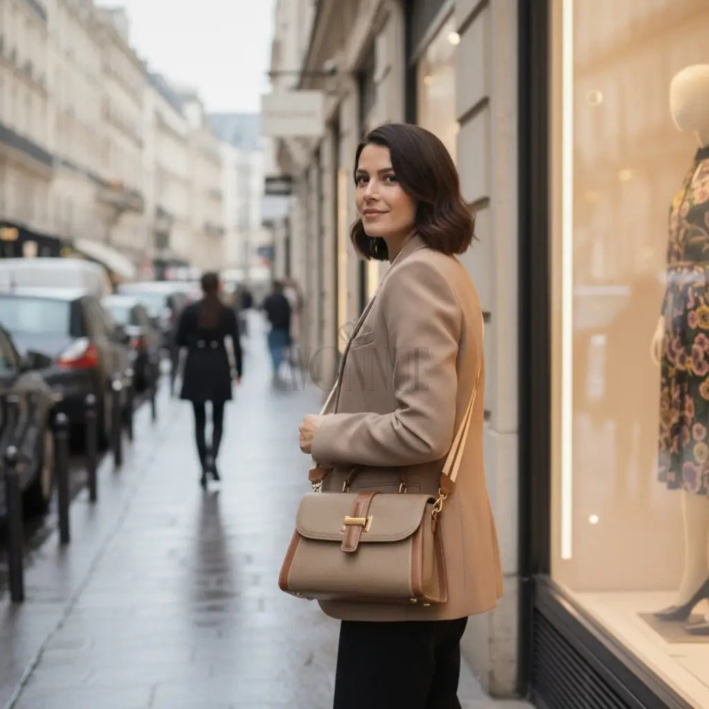 Modelo feminina AVONNUE em blazer neutro, bolsa estruturada marrom sofisticada, em frente a vitrine urbana.