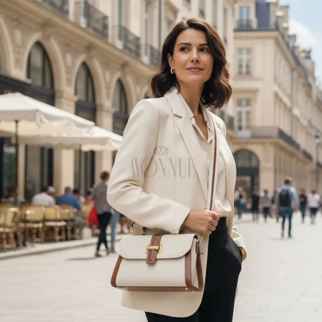 Modelo feminina AVONNUE em blazer claro, bolsa estruturada bege com alça marrom em cenário urbano sofisticado