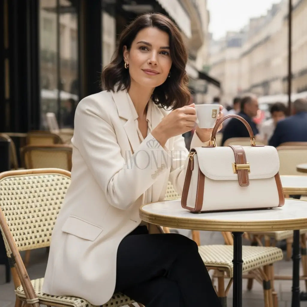 Modelo feminina AVONNUE em blazer claro, bolsa estruturada bege com detalhes em marrom sobre mesa de café elegante.
