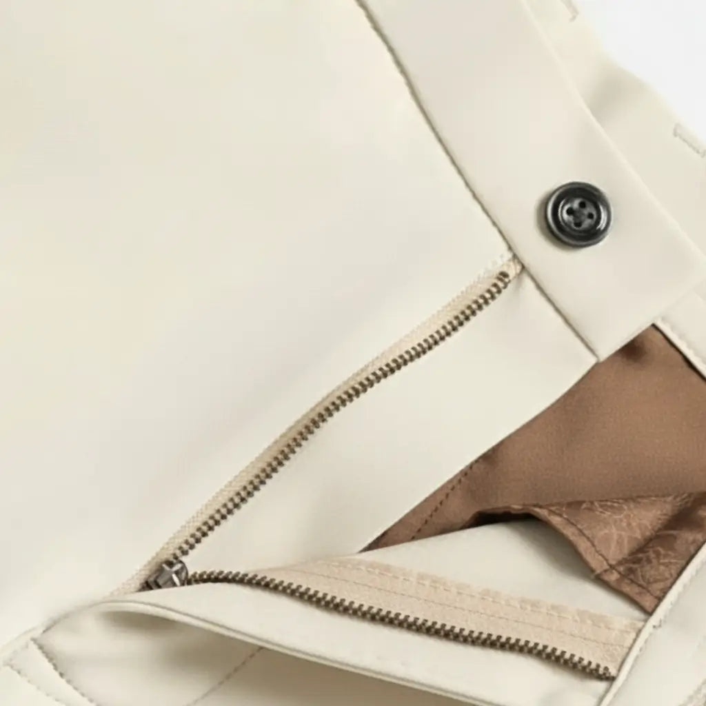 Detalhe do zíper metálico da calça social masculina slim bege.
