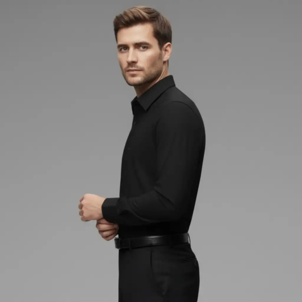 Camisa masculina manga longa Preta slim, modelo Avonnue