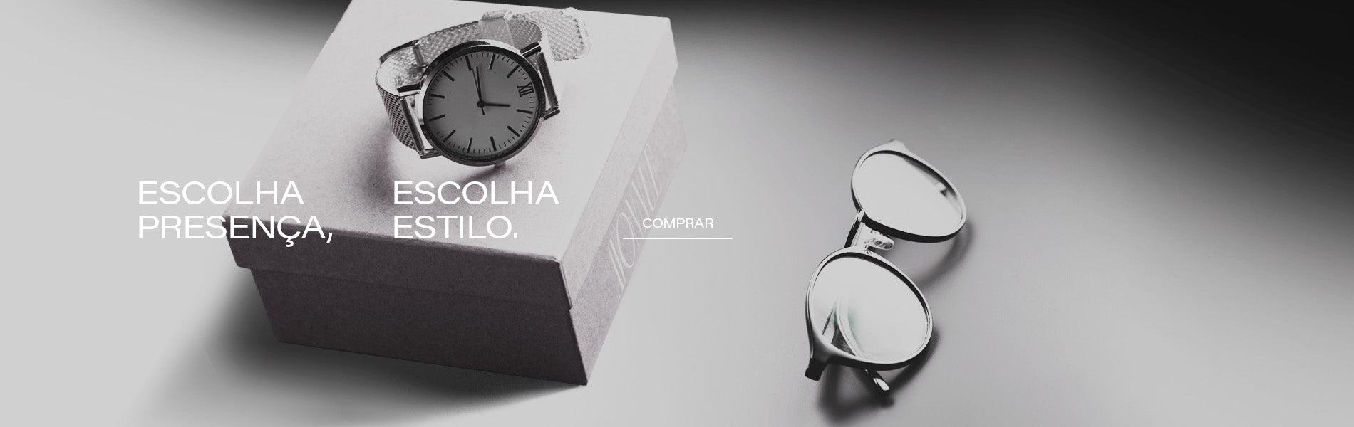 Banner editorial AVONNUE com relógio masculino sofisticado sobre caixa refinada e óculos de sol elegante em cenário minimalista.