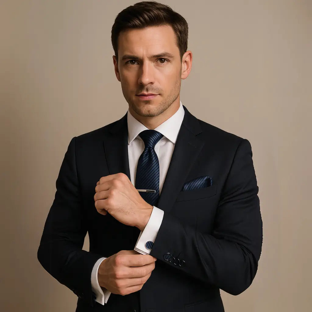 Gravata masculina azul marinho lisa com abotoadura prateada, modelo Marine Prestige da AVONNUE.