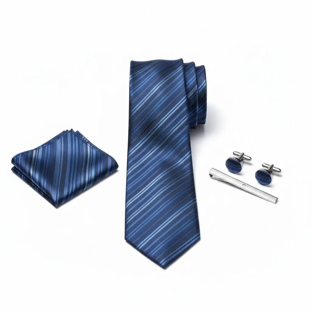Conjunto com gravata azul listrada diagonal, lenço de bolso, abotoaduras e prendedor masculino