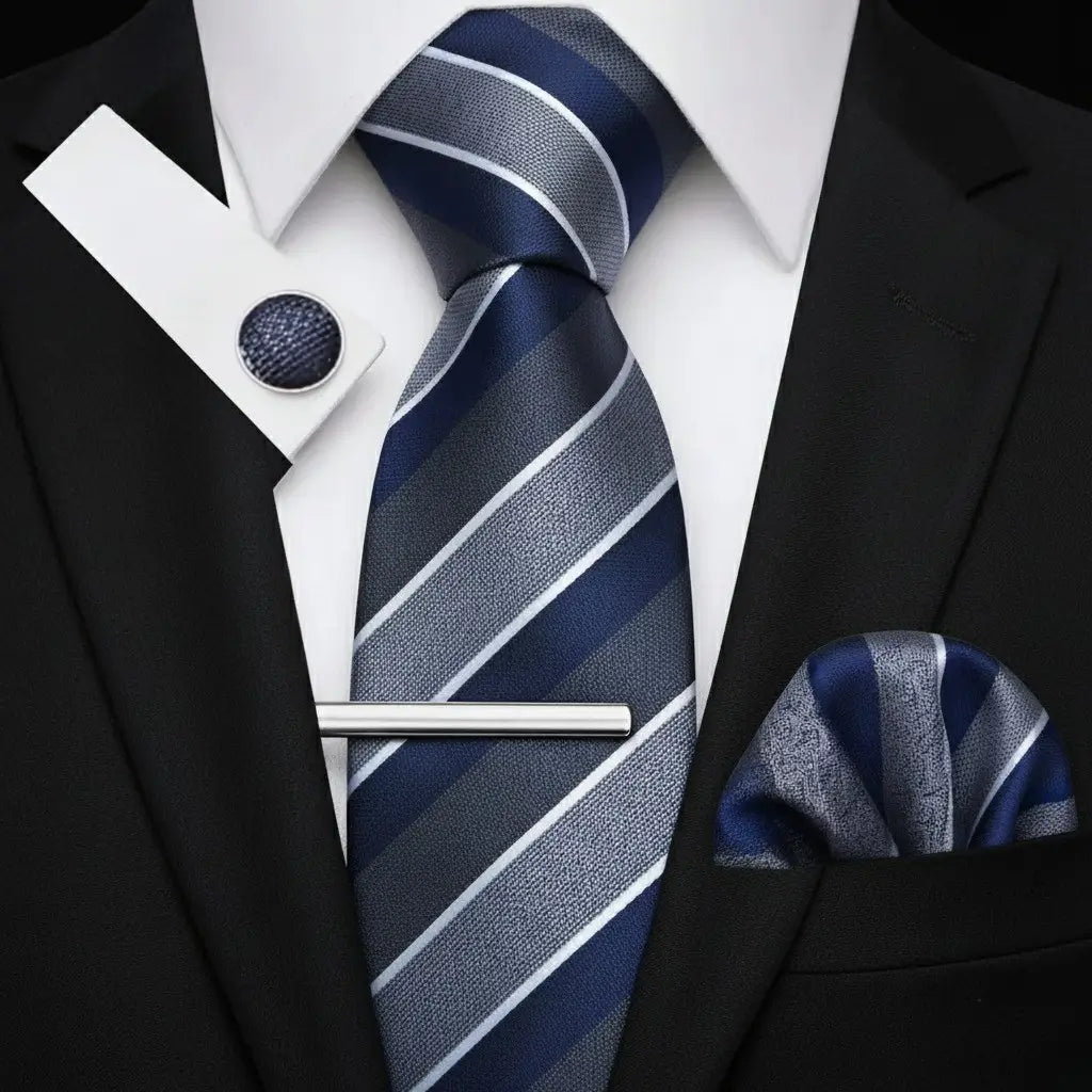 Gravata Masculina Azul Listrada com Abotoadura – Kit Linea