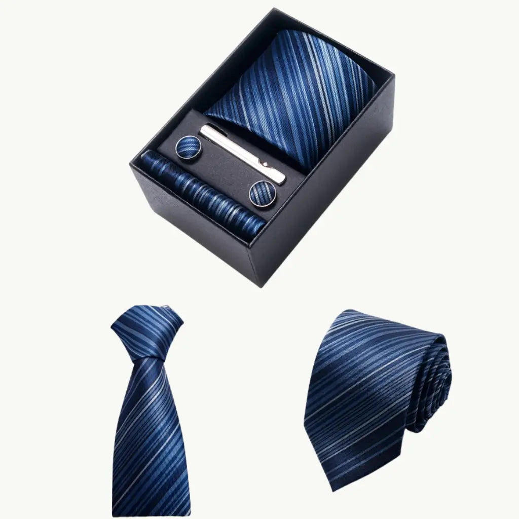 kit de Gravata Masculina Azul Marinho Listras e prendedor
