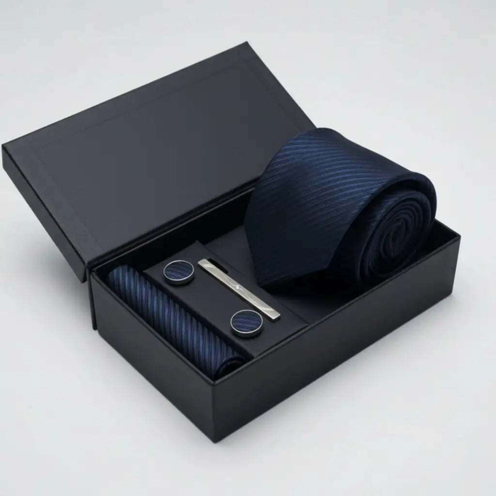 Kit masculino com gravata azul marinho listrada diagonal, lenço, abotoaduras e prendedor