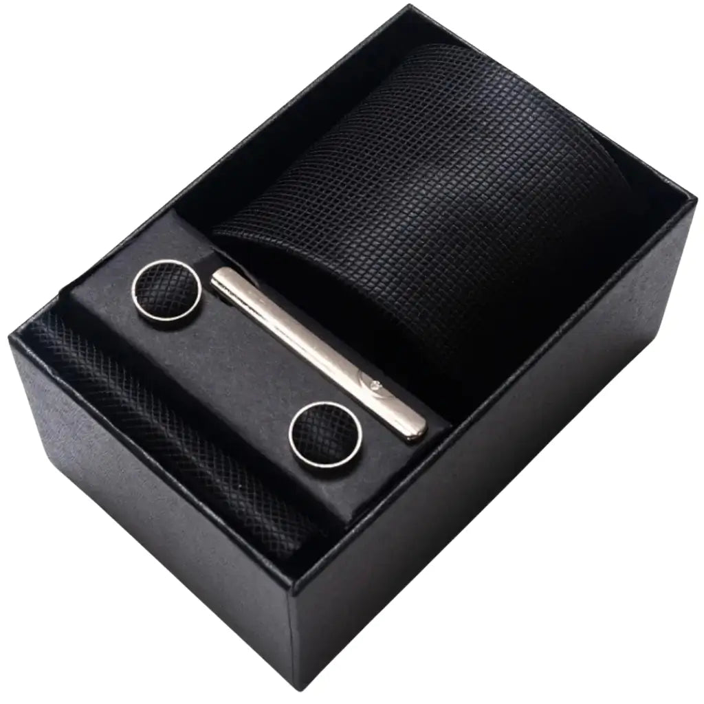 Kit masculino com gravata preta texturizada, abotoaduras, lenço e prendedor