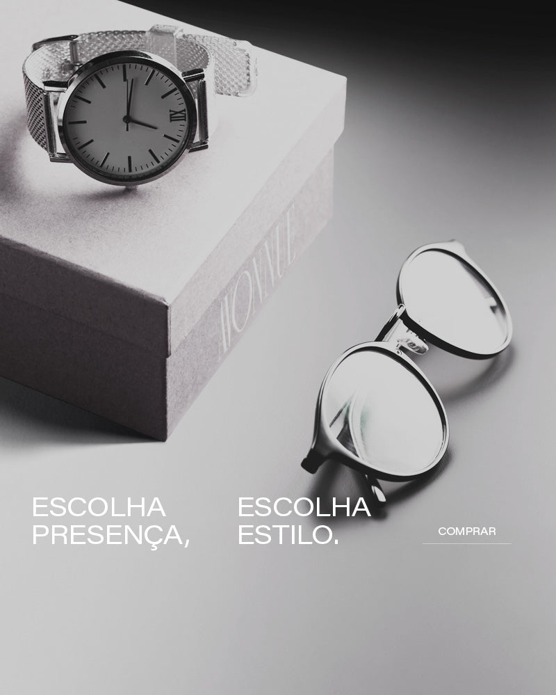 Banner editorial AVONNUE com relógio masculino sofisticado sobre caixa refinada e óculos de sol elegante em cenário minimalista