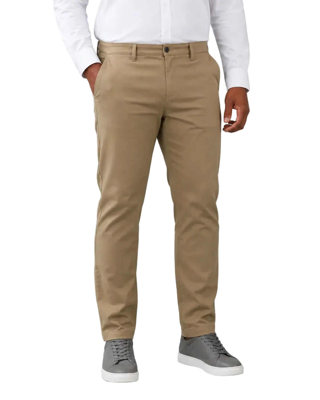 Calça Masculina em Sarja Valori Cáqui, vista de frente em fundo branco.