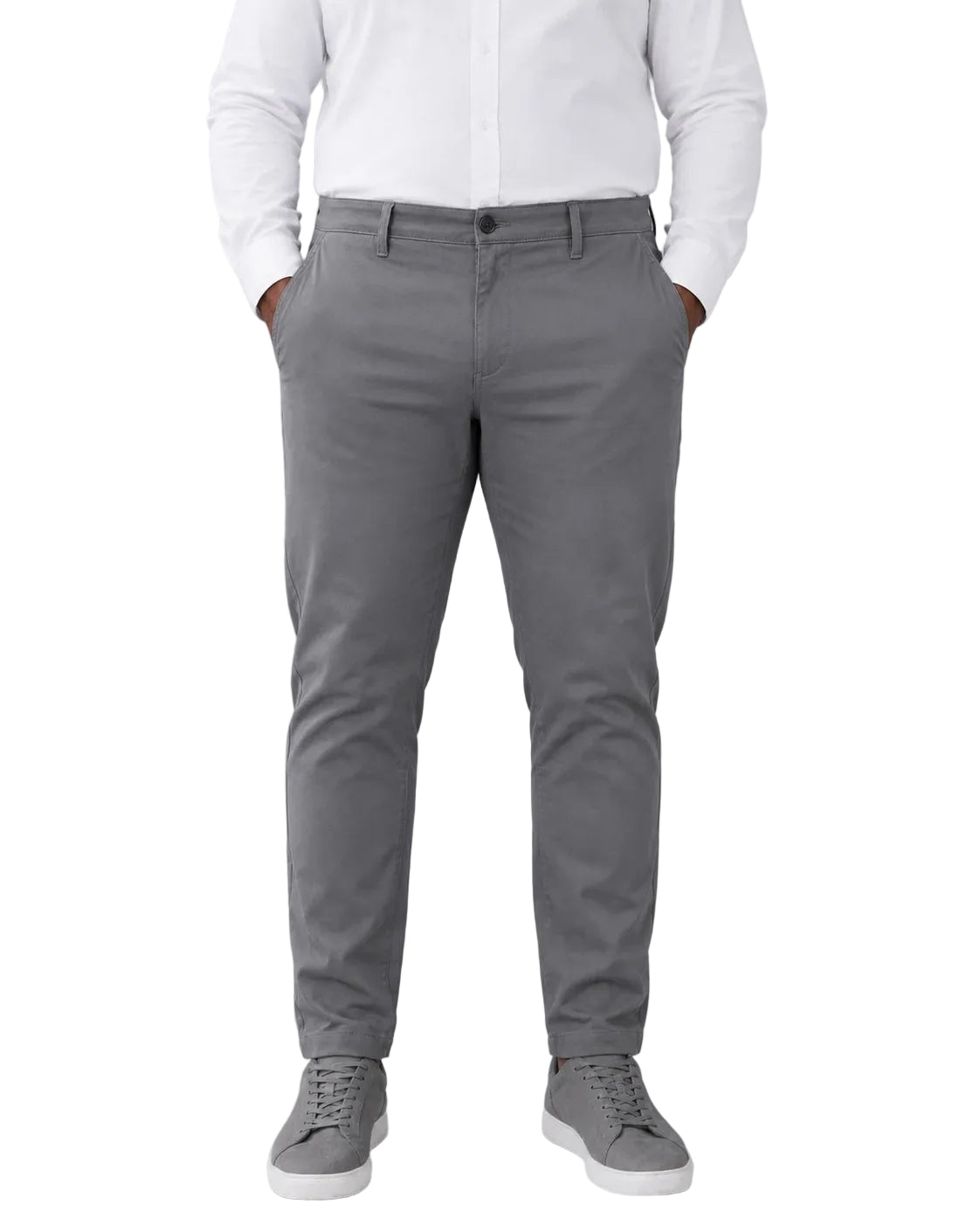 Calça Masculina em Sarja Valori Cinza, vista de frente em fundo branco.