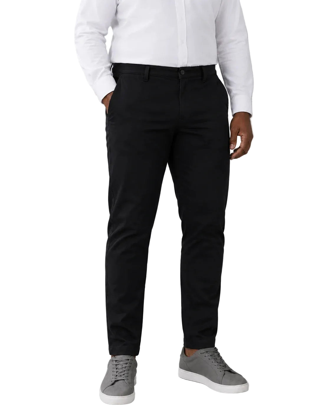 Calça Masculina em Sarja Valori Preta, vista de frente em fundo branco.