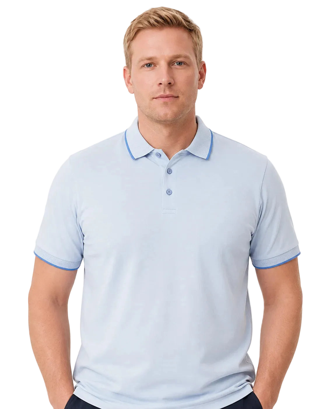 Camisa Polo Masculina ModalDuo Azul Claro, vista de frente em fundo branco.