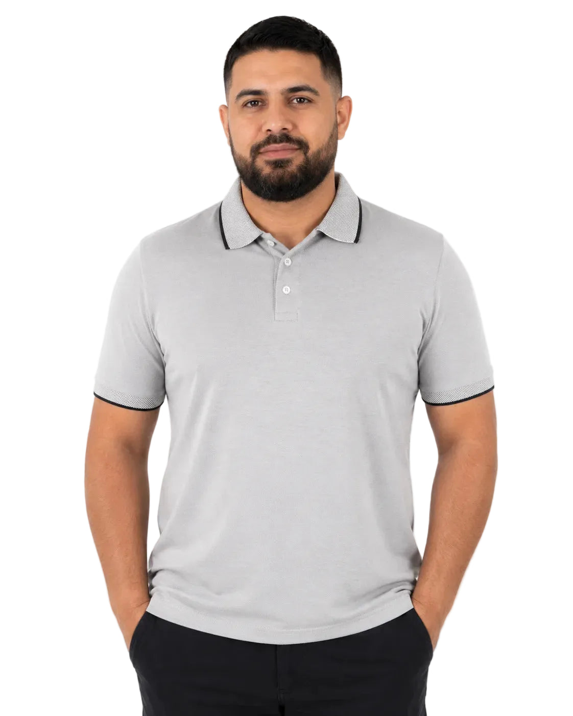 Camisa Polo Masculina ModalDuo Cinza, vista de frente em fundo branco.