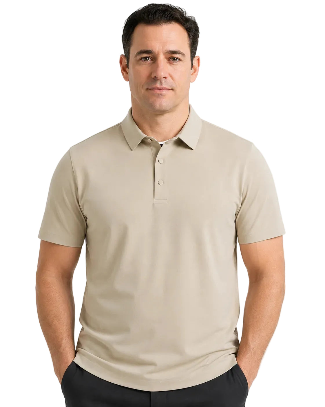 Camisa Polo Masculina TechVero Bege, vista de frente em fundo branco.