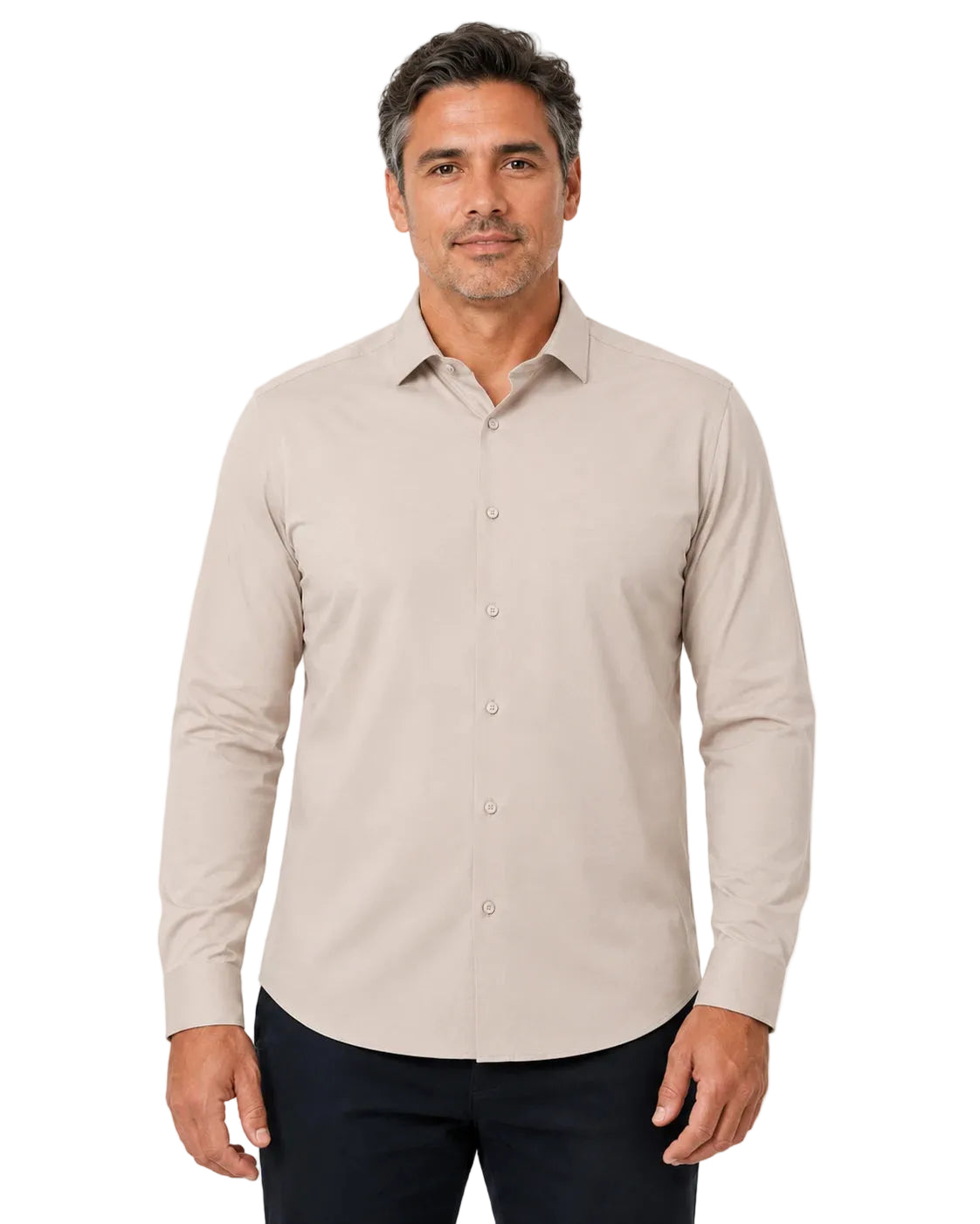 Camisa Social Masculina TechVitto Bege, vista de frente em fundo branco.