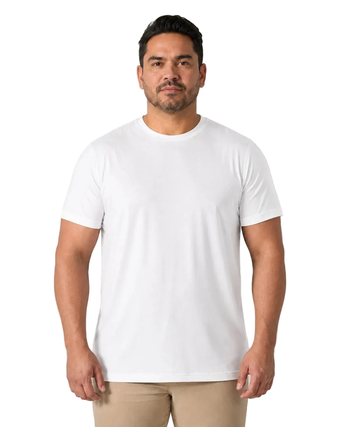 Camiseta Masculina TechModal Branca, vista de frente em fundo branco.