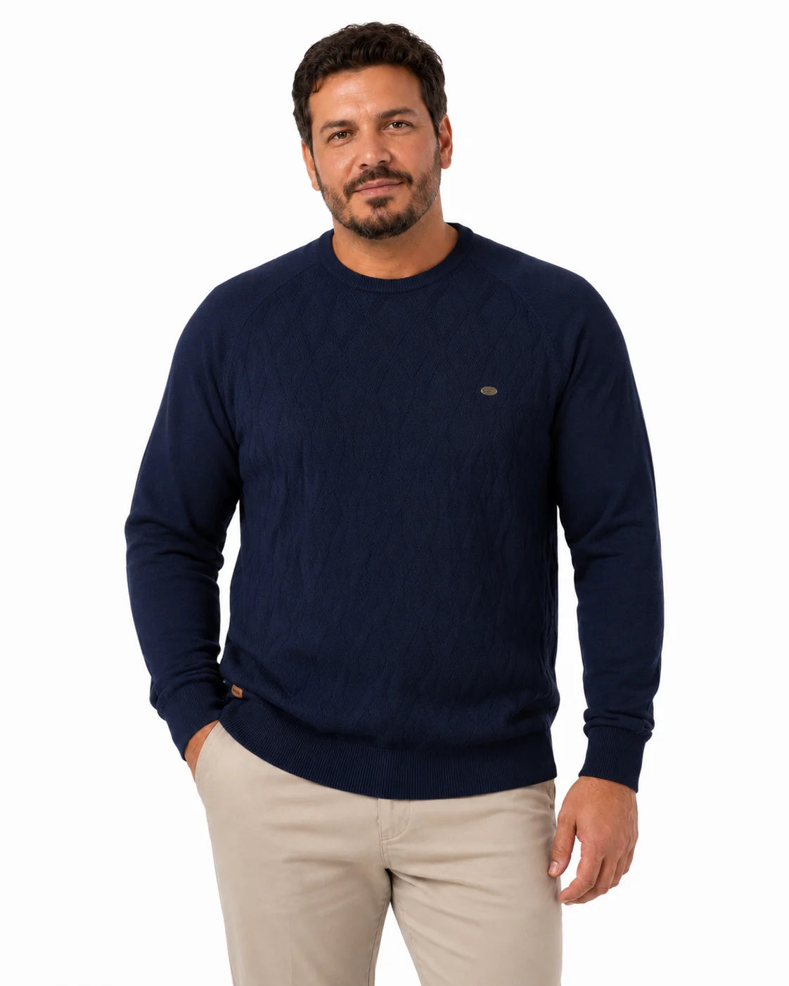 Suéter Masculino Tramato Azul Marinho, vista de frente em fundo branco.