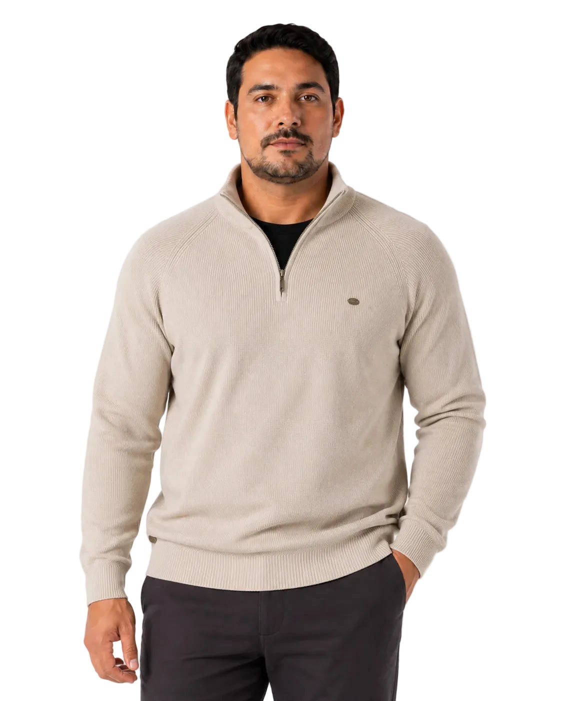 Suéter Masculino Tramato Zip Areia, vista de frente em fundo branco.