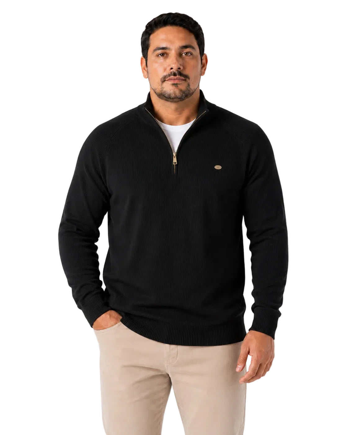 Suéter Masculino Tramato Zip Preto, vista de frente em fundo branco.