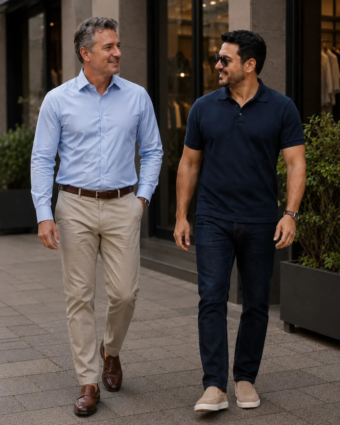 Dois homens de cerca de 40 anos caminhando em uma rua urbana, um com camisa social azul-clara e calça bege, e outro com polo azul-marinho e jeans, representando looks para o trabalho e o fim de semana.
