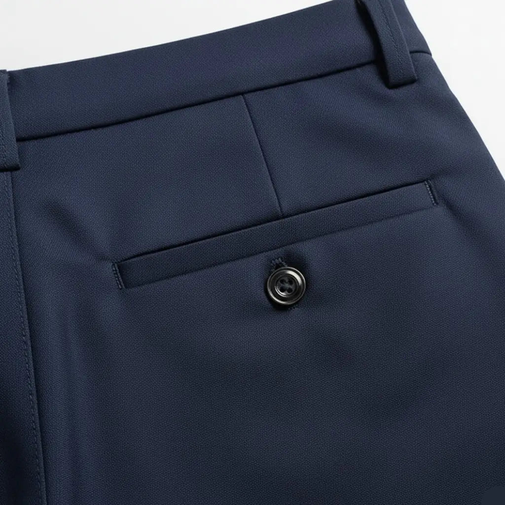 Bolso traseiro da calça social azul marinho com botão preto central