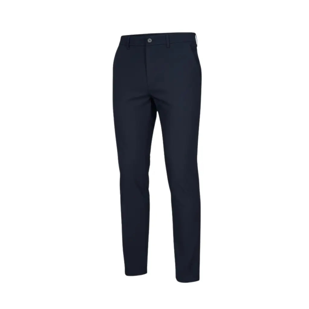 Calça social slim azul marinho masculina, vista completa em fundo branco