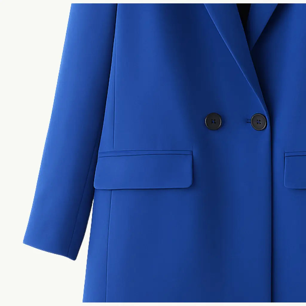 Blazer feminino azul corte alongado, forro leve e acabamento minimalista.
