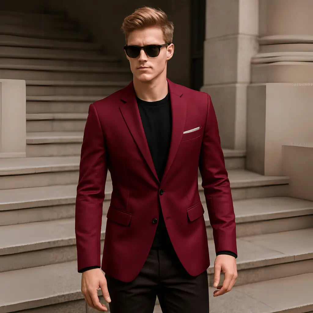 Blazer masculino vinho marsala com corte slim, lapela tradicional e dois botões frontais.