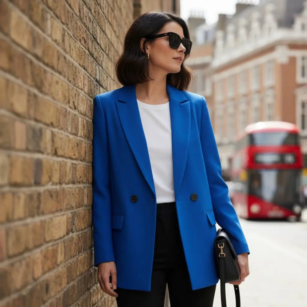 Modelo usando blazer feminino azul
