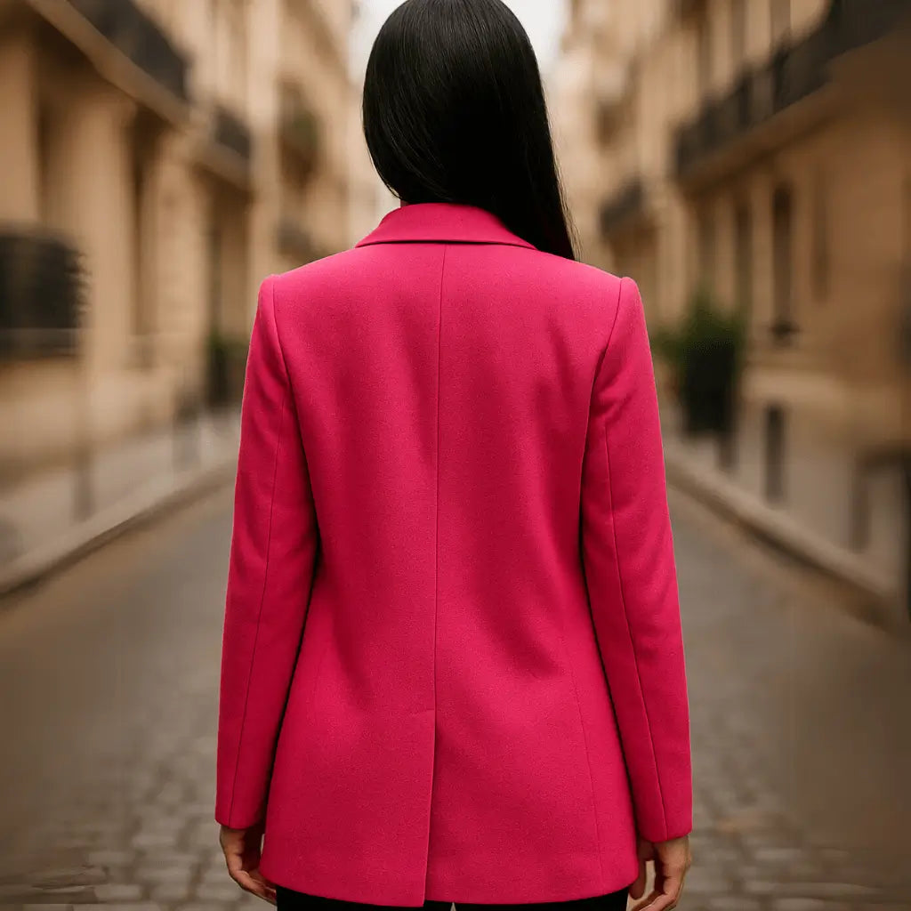 Blazer Feminino rosa acabamento a mão, sofisticado e lapela clássica e acabamento refinado, ideal para meia estação