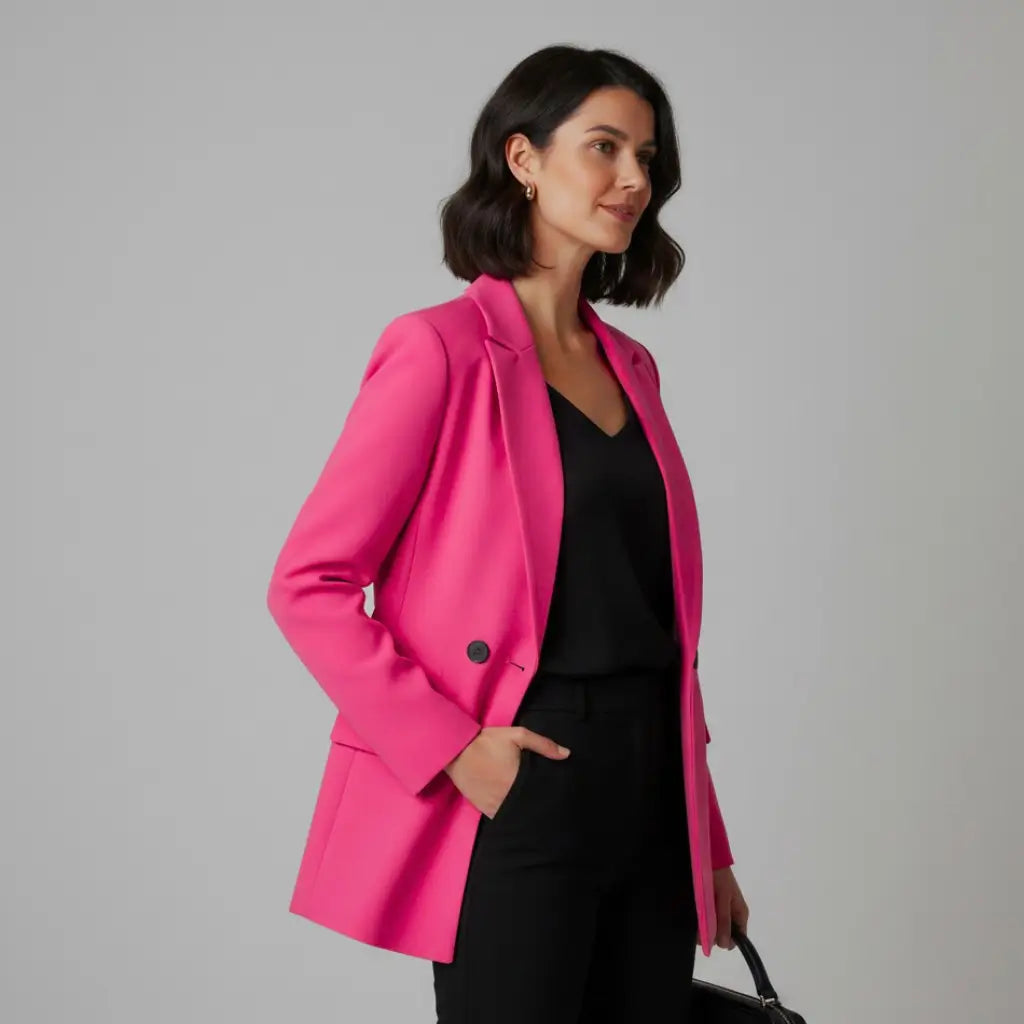 modelo no estudio com o blazer rosa