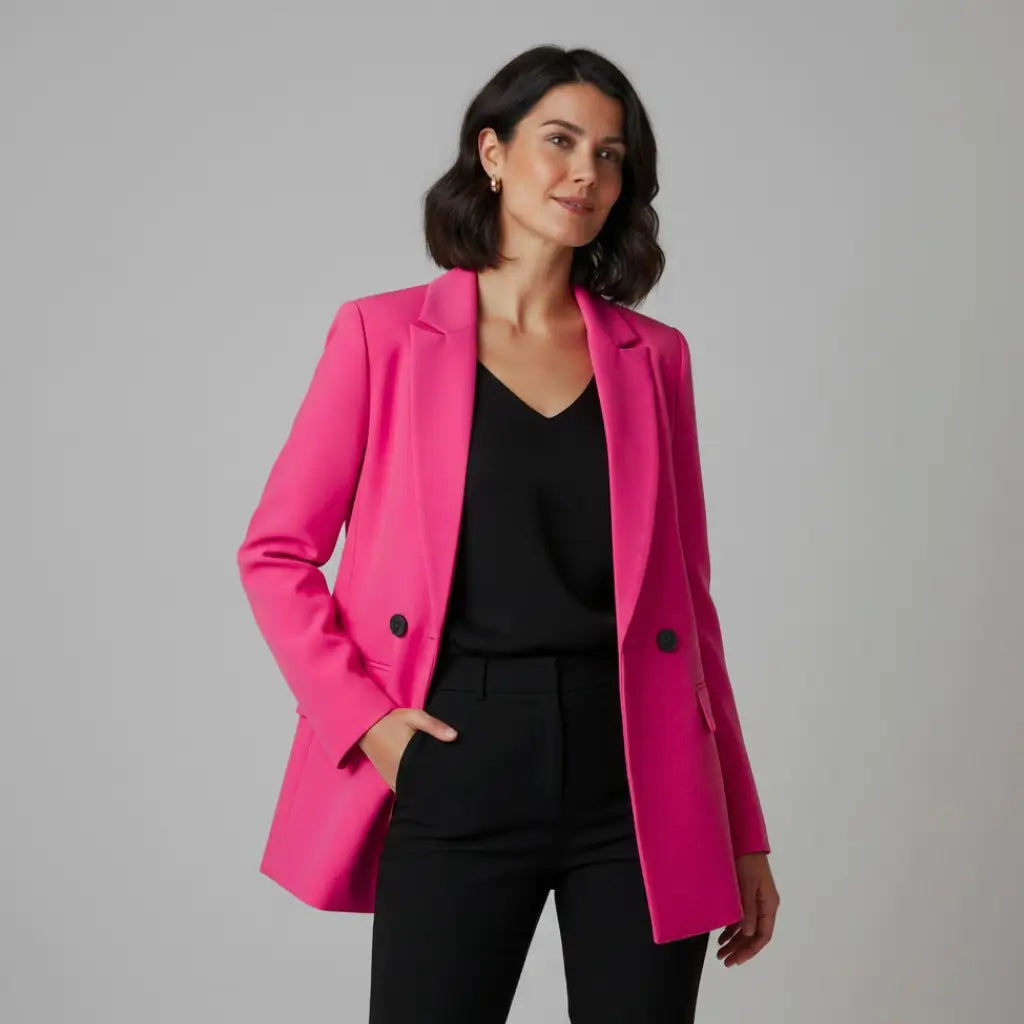 Modelo de frente usando blazer rosa