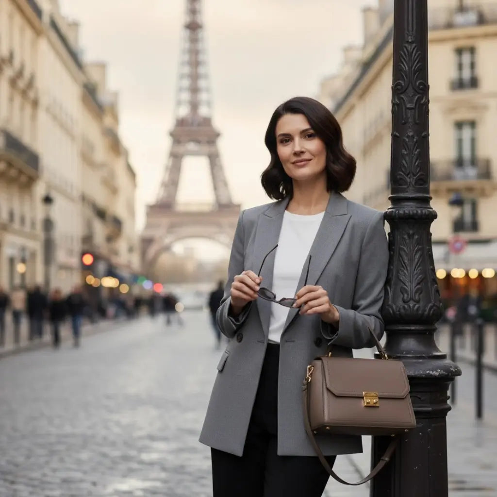 modelo usando o blazer feminino cor cinza em paris