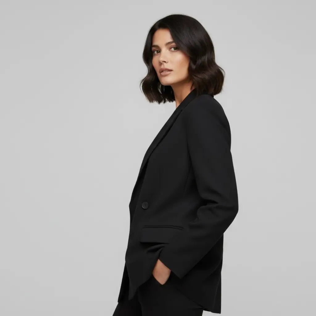 modelo de lado usando o blazer 