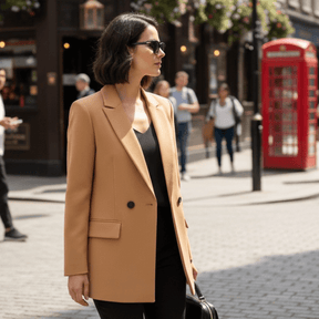 Modelo usando o Blazer Feminino Alongado bege