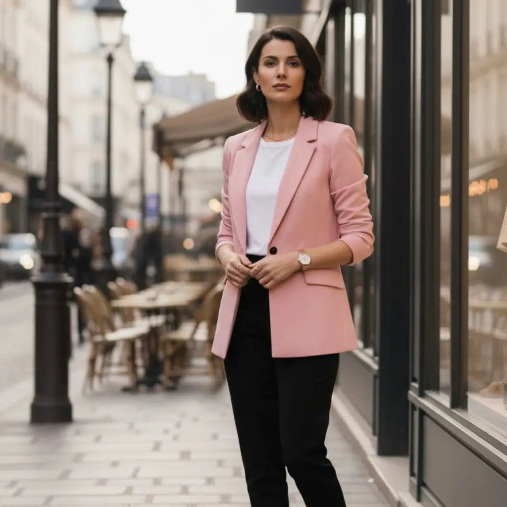Modelo usando blazer feminino cor rosa 