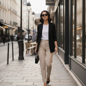 Modelo usando Blazer Feminino Modelo Lune Slim Preto