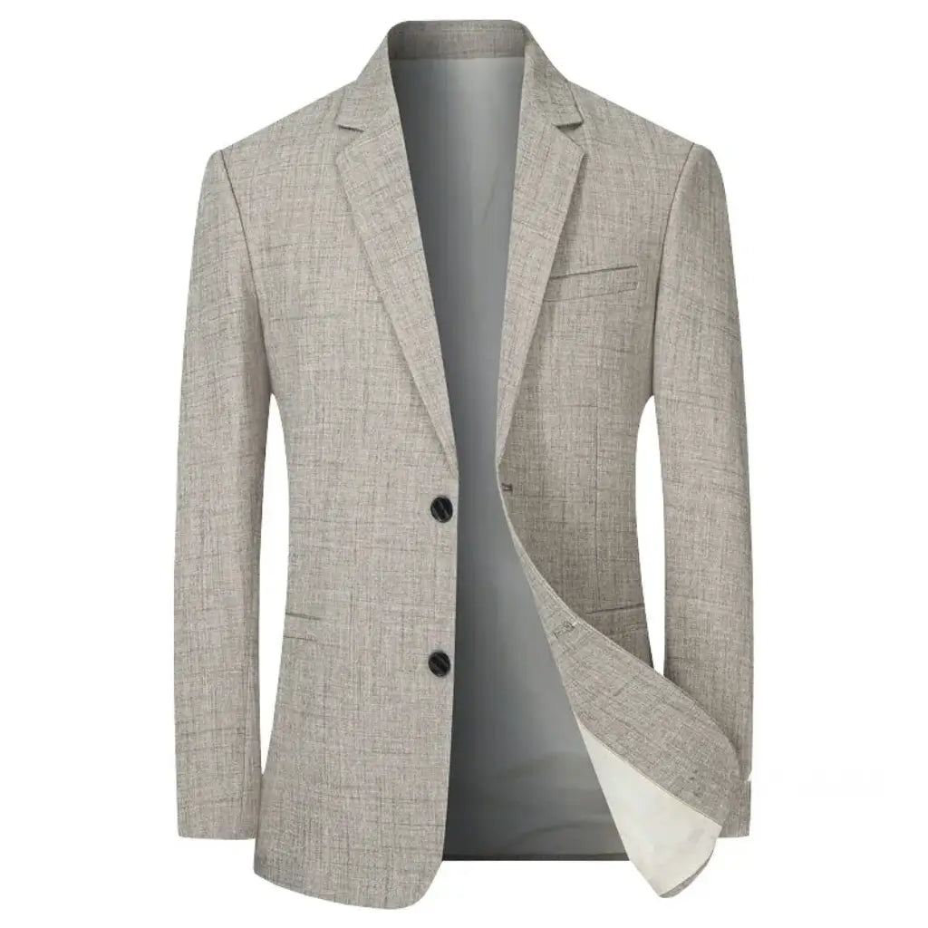 Blazer masculino cinza claro com dois botões frontais e corte slim estruturado