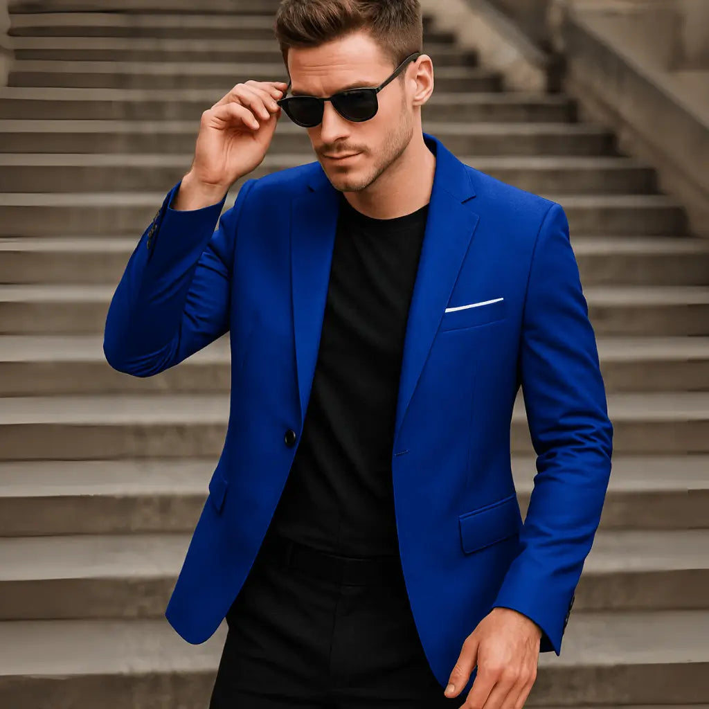 Blazer masculino azul royal slim fit com dois botões, lapela clássica e bolsos com tampa, modelo Baltic.