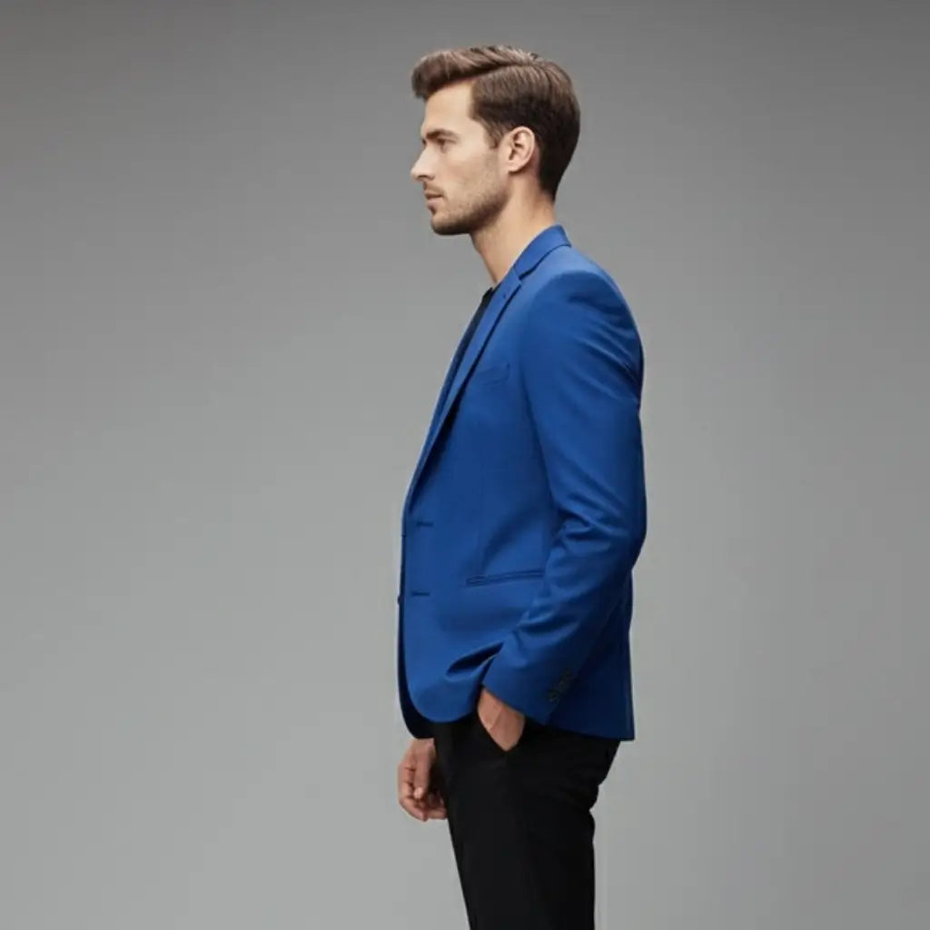 Modelo usando blazer masculino azul