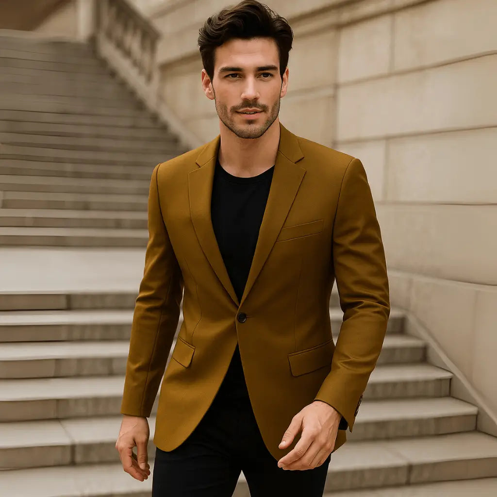 Blazer masculino marrom mostarda com corte ajustado e forro leve interno, ideal para eventos sofisticados.