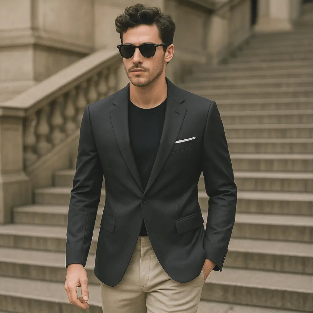 Blazer masculino cinza escuro slim fit com botão e lapela tradicional