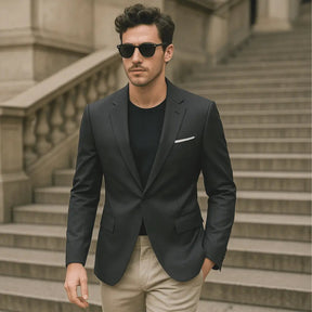 Blazer masculino cinza escuro slim fit com botão e lapela tradicional